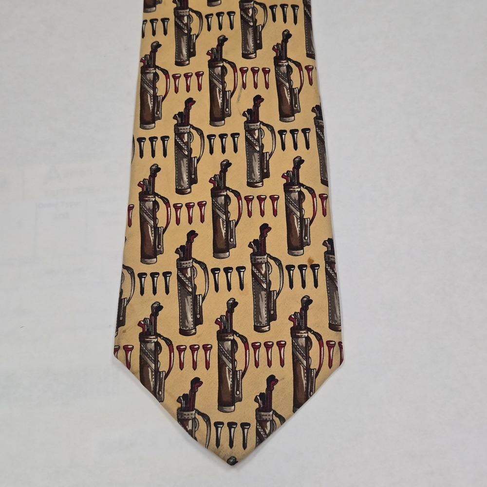 Leonardo Mens Silk Tie Tan Golf Bag Tees Sports Theme Made‎ in USA 56 Inch